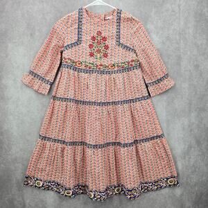 Yellow Pink Blue Long Sleeve Flare Floral Print Embroidered Cotton Dress 10